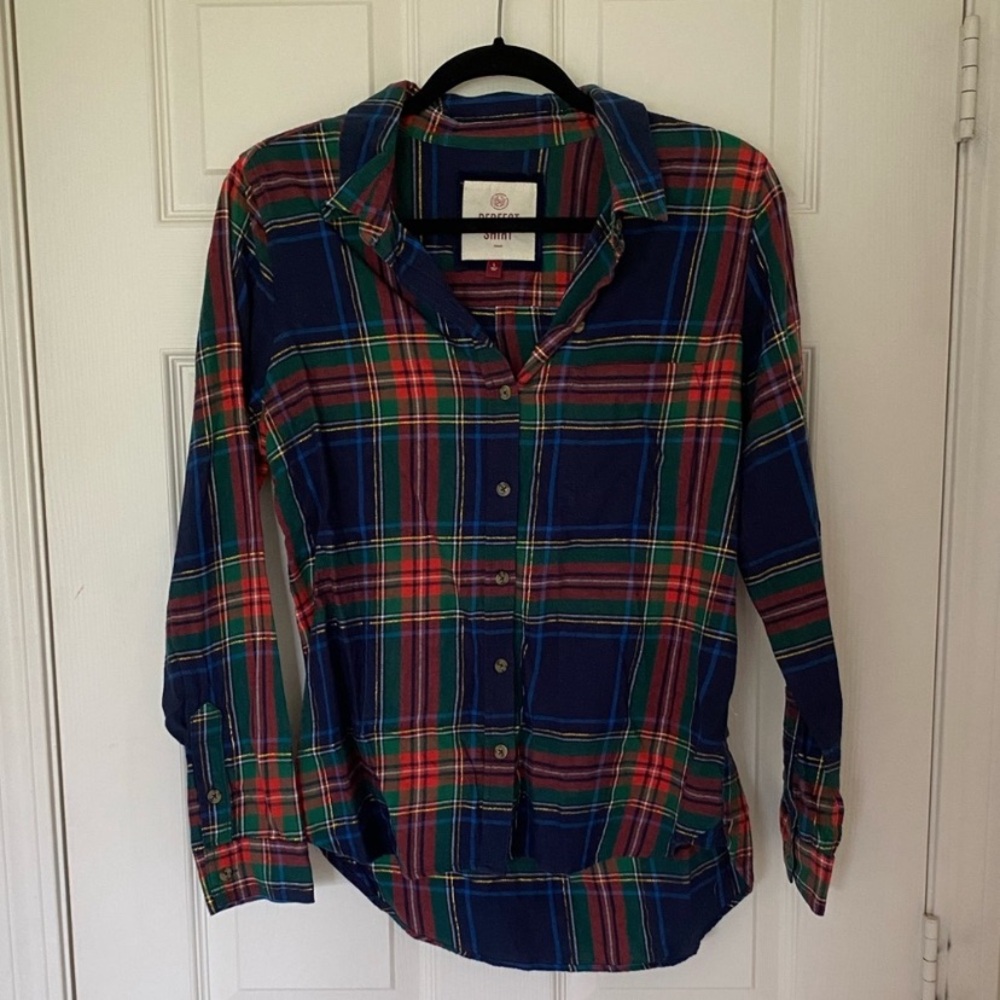 Navy Plaid Button-Up Shirt with Red & Green Tartan